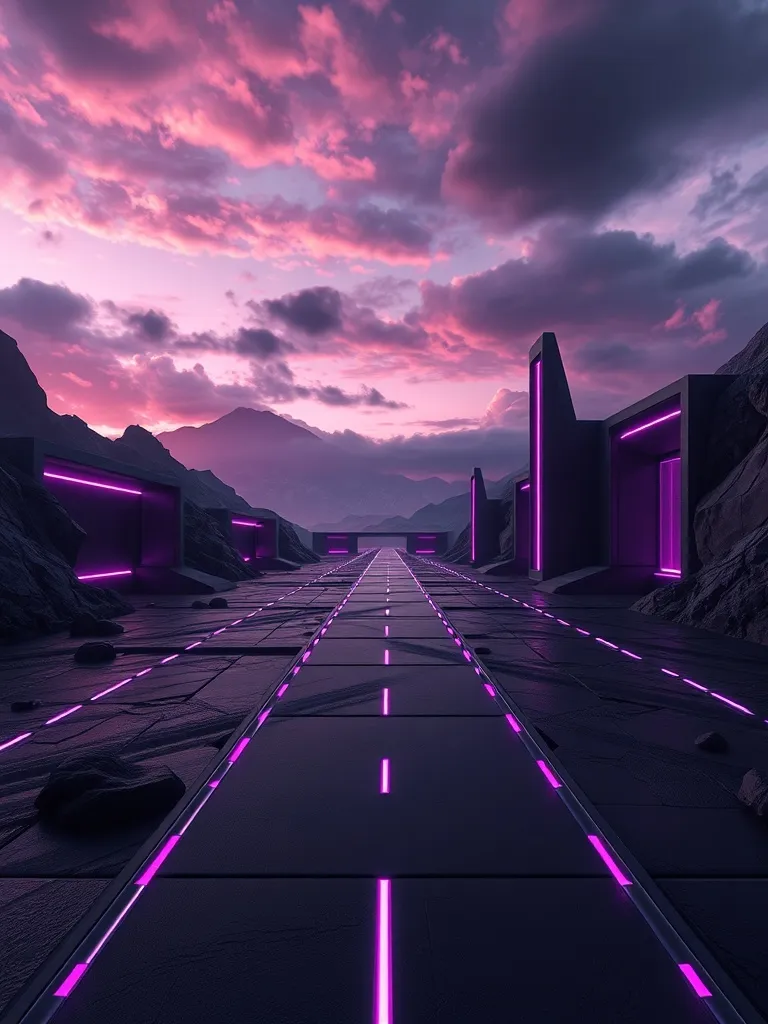 Cinematic wide shot of a futuristic minimalist landscape wit