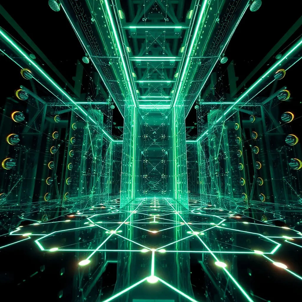 A futuristic architectural landscape of glowing data nodes a