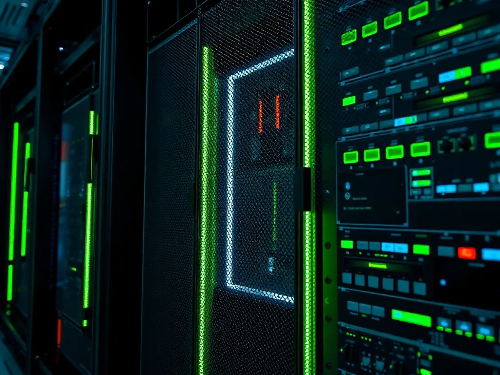Close up of a high-tech computer server rack with neon green