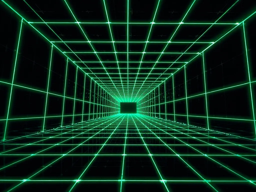 High-tech digital architectural grid with neon green lines o