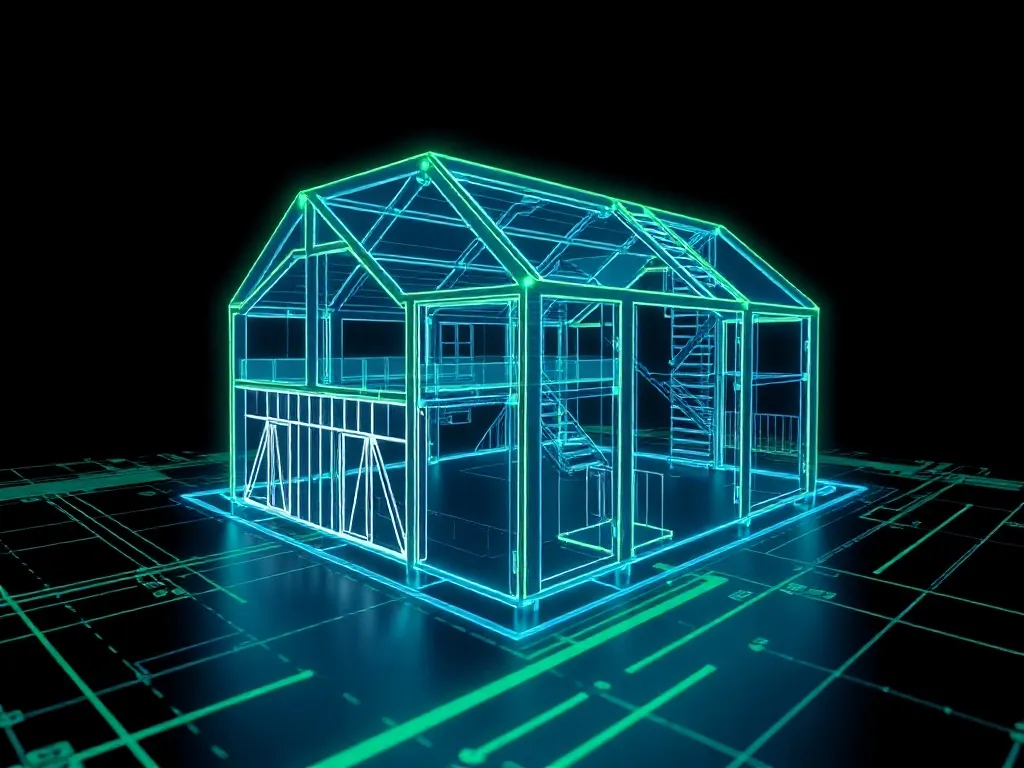 A technical 3D architectural blueprint of a digital structur
